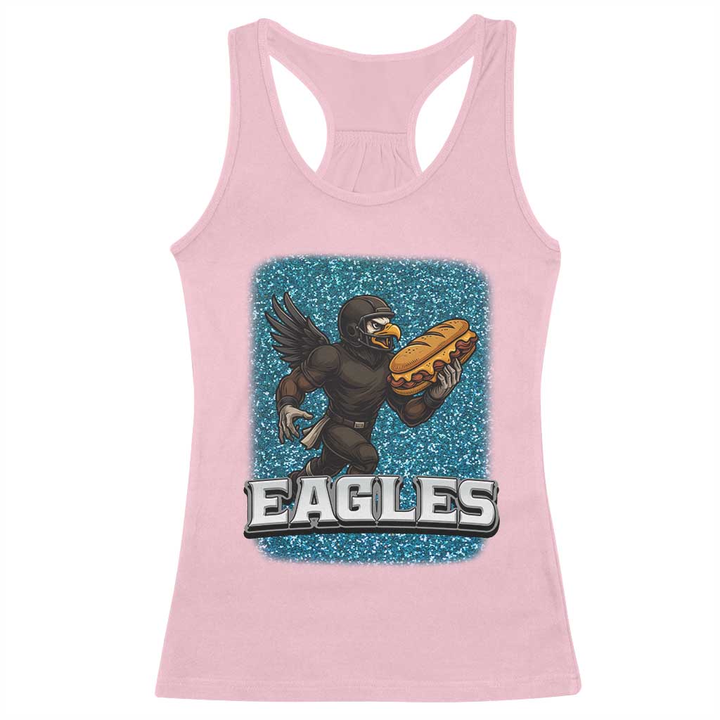 Funny Eagle With Cheesesteak Racerback Tank Top Football Glitter Print TS12 Light Pink Print Your Wear