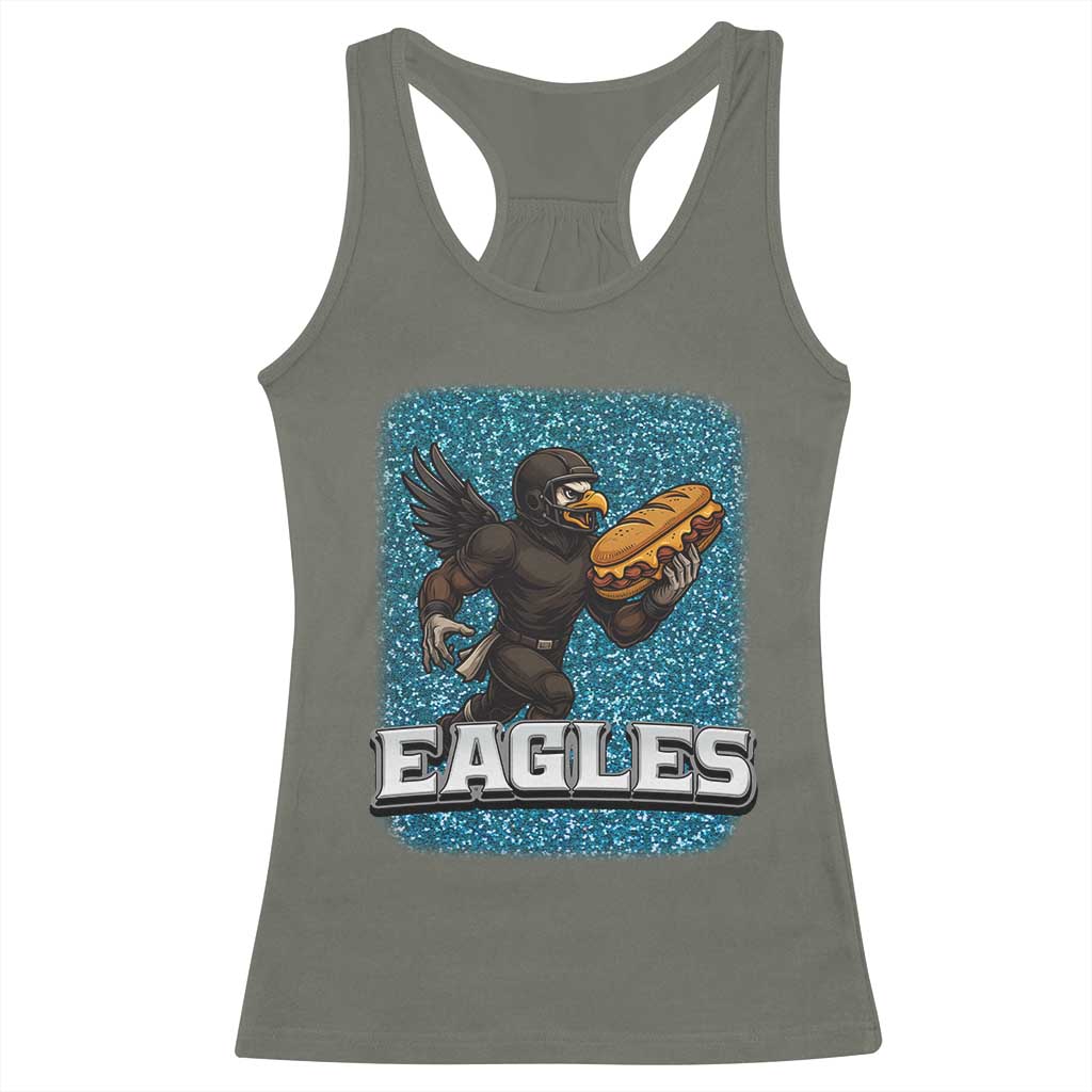 Funny Eagle With Cheesesteak Racerback Tank Top Football Glitter Print TS12 Military Green Print Your Wear