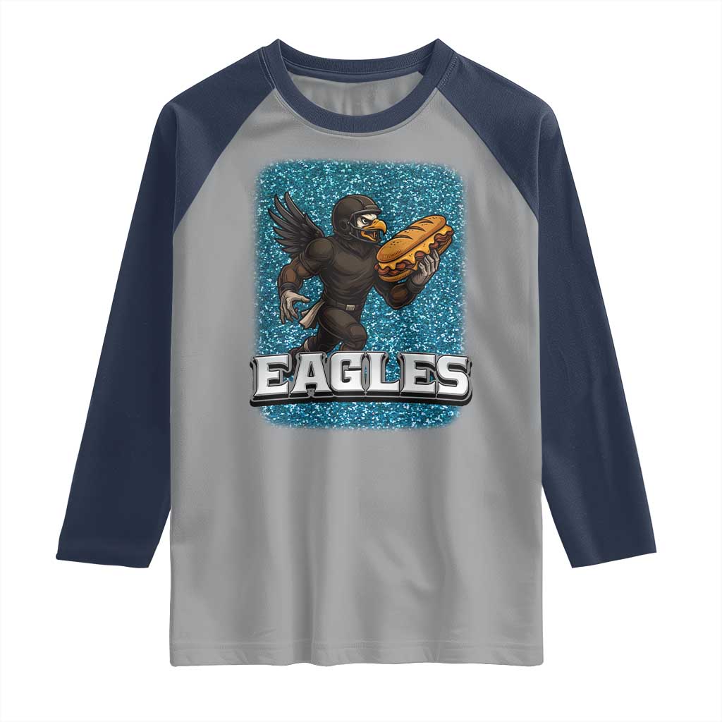 Funny Eagle With Cheesesteak Raglan Shirt Football Glitter Print TS12 Sport Gray Navy Print Your Wear