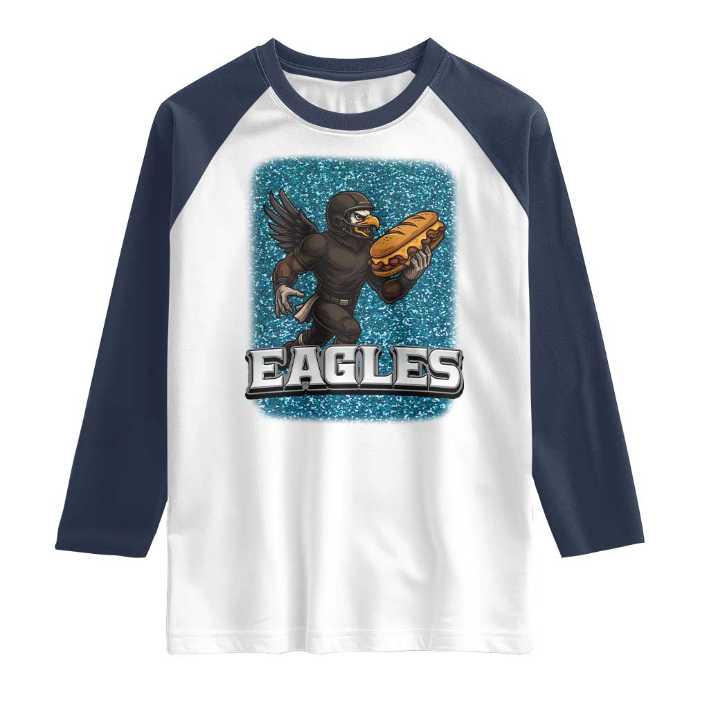 Funny Eagle With Cheesesteak Raglan Shirt Football Glitter Print TS12 White Navy Print Your Wear