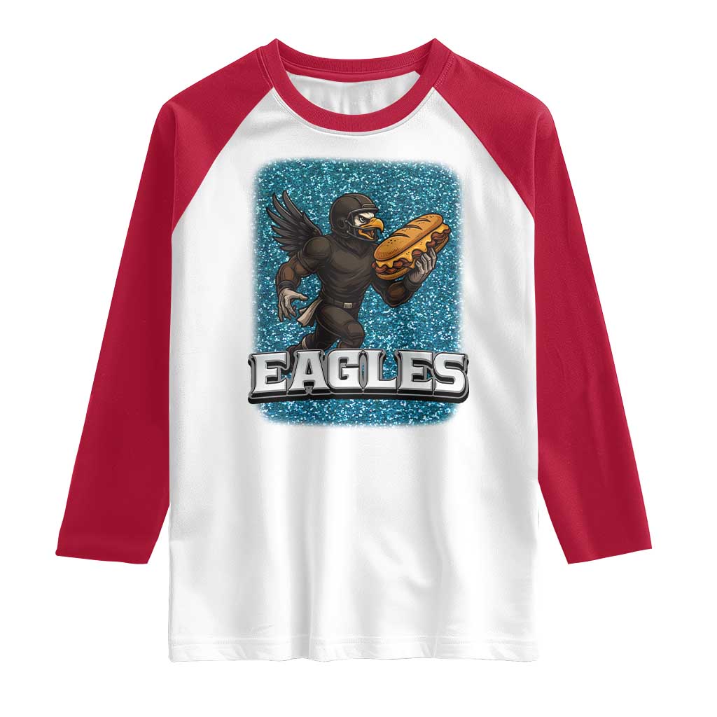 Funny Eagle With Cheesesteak Raglan Shirt Football Glitter Print TS12 White Red Print Your Wear