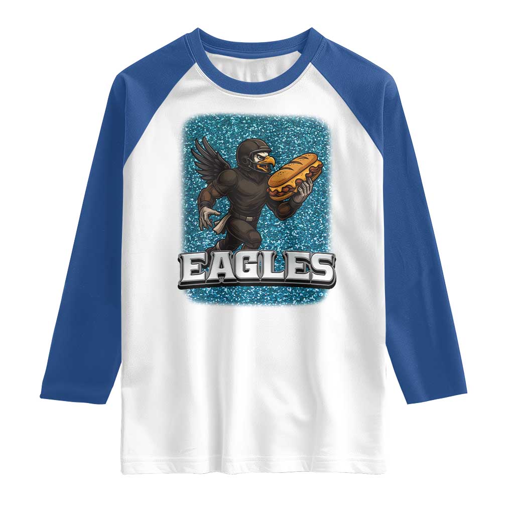Funny Eagle With Cheesesteak Raglan Shirt Football Glitter Print TS12 White Royal Print Your Wear