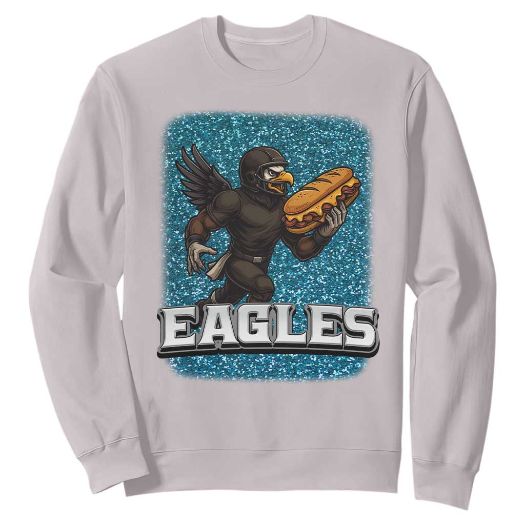 Funny Eagle With Cheesesteak Sweatshirt Football Glitter Print TS12 Ice Gray Print Your Wear