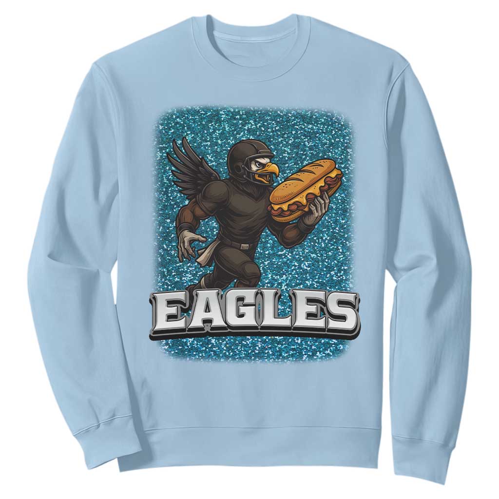 Funny Eagle With Cheesesteak Sweatshirt Football Glitter Print TS12 Light Blue Print Your Wear