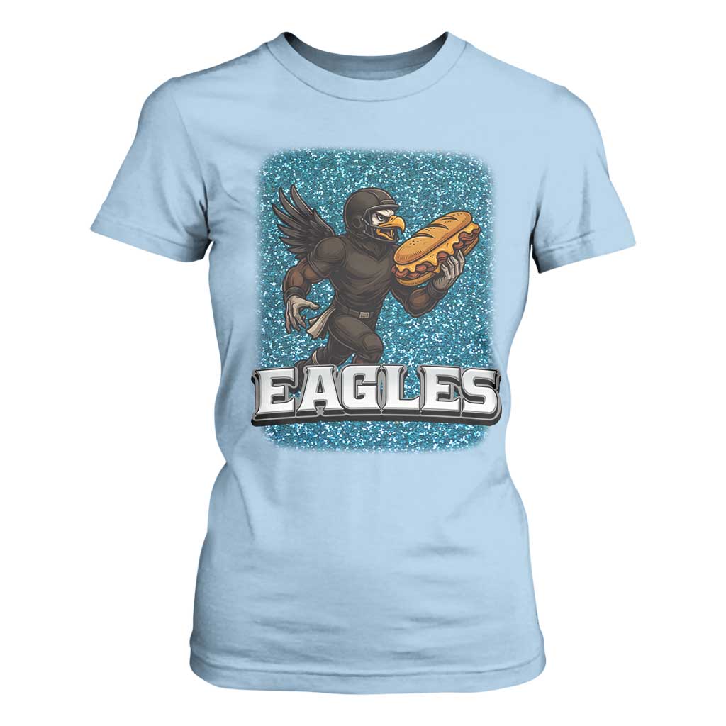 Funny Eagle With Cheesesteak T Shirt For Women Football Glitter Print TS12 Light Blue Print Your Wear