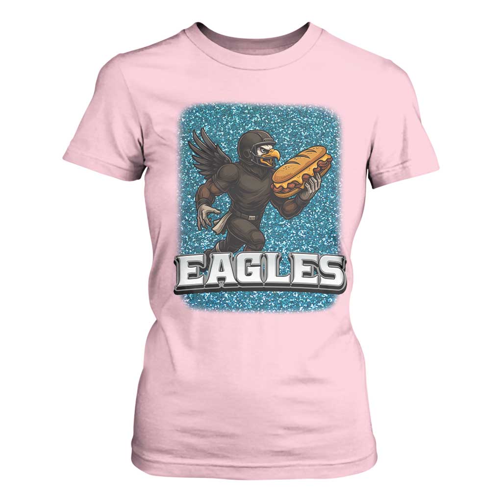 Funny Eagle With Cheesesteak T Shirt For Women Football Glitter Print TS12 Light Pink Print Your Wear