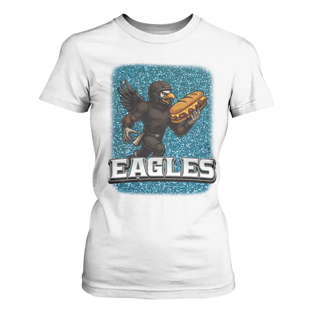 Funny Eagle With Cheesesteak T Shirt For Women Football Glitter Print TS12 White Print Your Wear