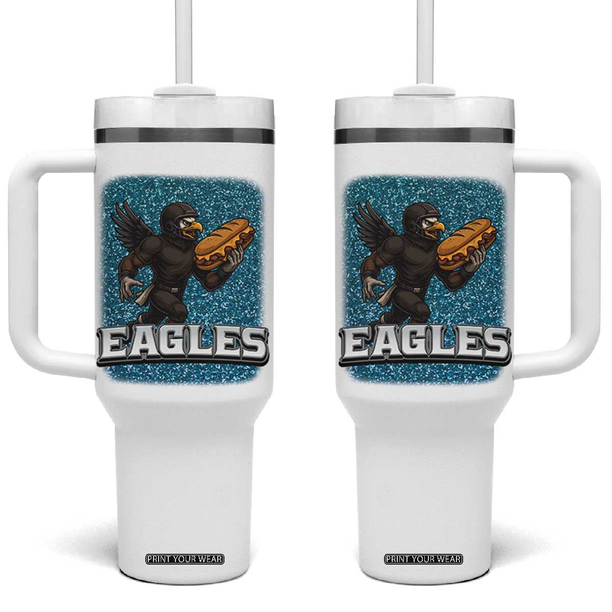 Funny Eagle With Cheesesteak Tumbler With Handle Football Glitter Print TS12 One Size: 40 oz White Print Your Wear