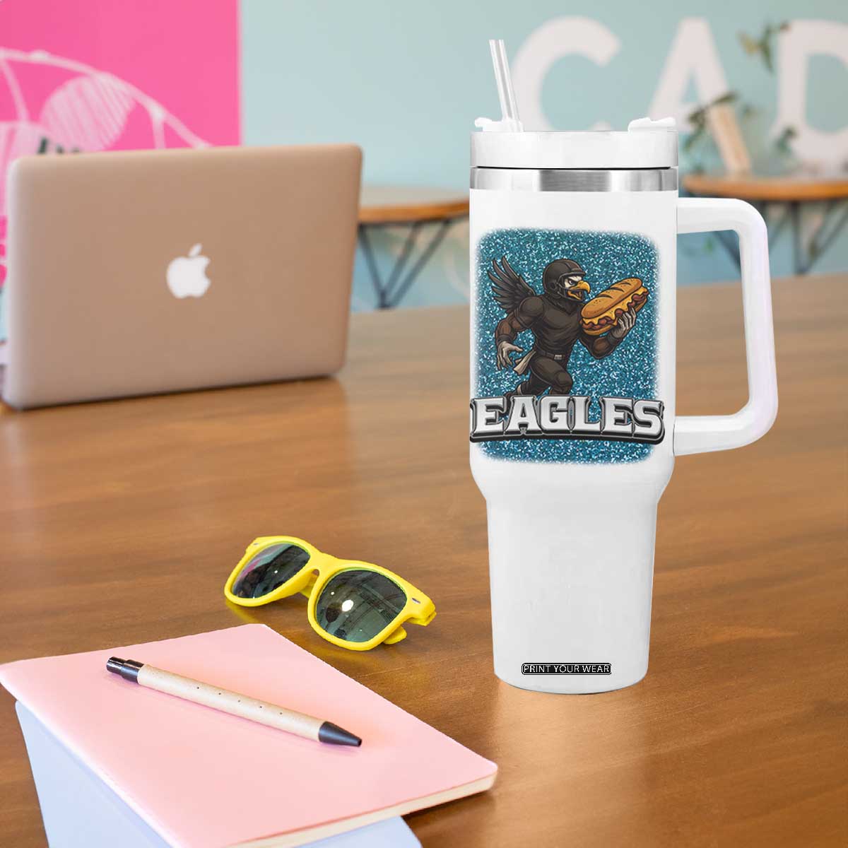 Funny Eagle With Cheesesteak Tumbler With Handle Football Glitter Print TS12 Print Your Wear
