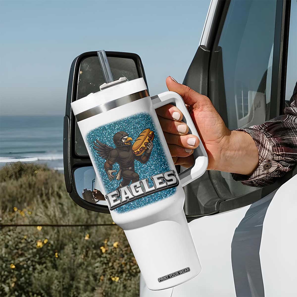Funny Eagle With Cheesesteak Tumbler With Handle Football Glitter Print TS12 Print Your Wear