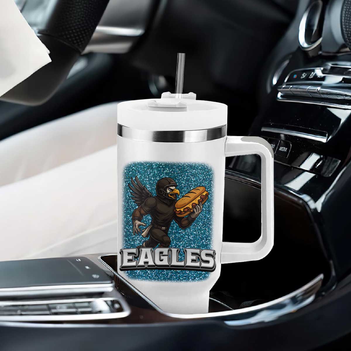 Funny Eagle With Cheesesteak Tumbler With Handle Football Glitter Print TS12 Print Your Wear