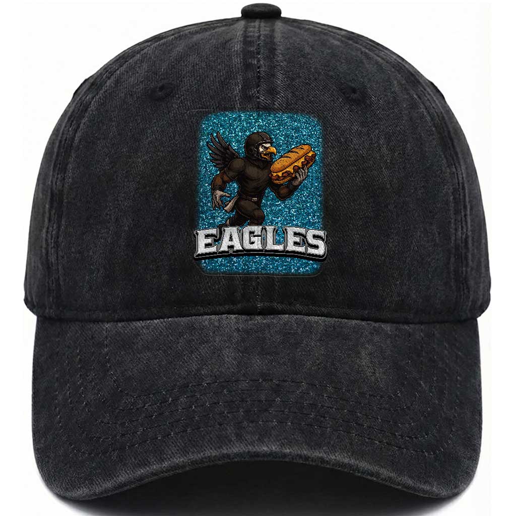 Funny Eagle With Cheesesteak Washed Cotton Baseball Cap Football Glitter Print TS12 Print Your Wear