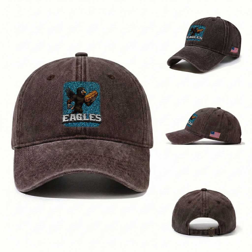 Funny Eagle With Cheesesteak Washed Cotton Baseball Cap Football Glitter Print TS12 Washed Cap Universal Fit Dark Brown Print Your Wear