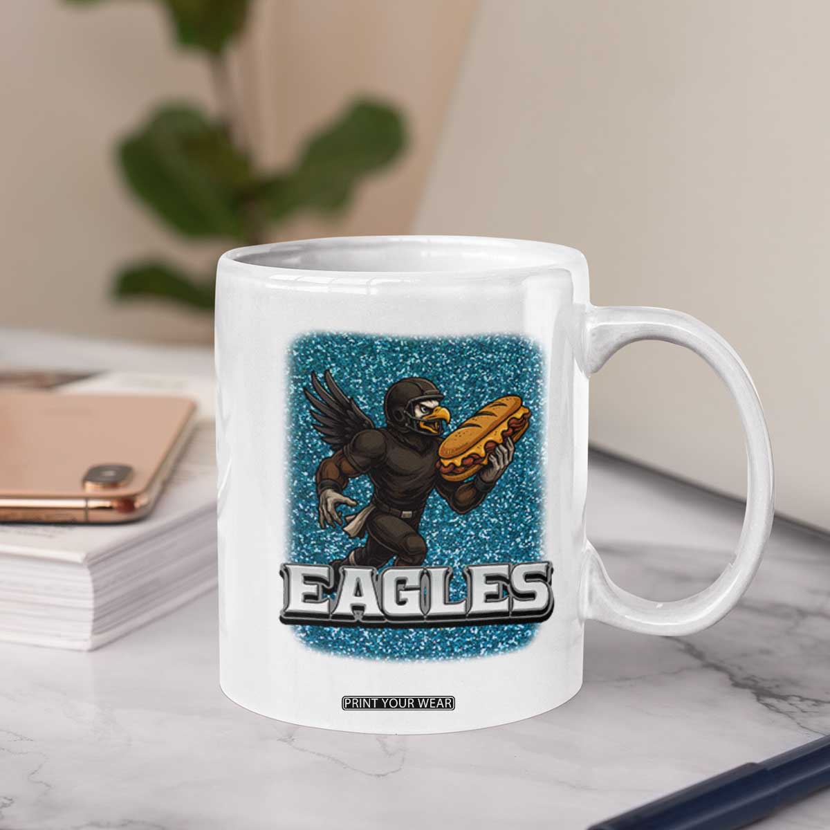 Funny Eagle With Cheesesteak Coffee Mug Football Glitter Print TS12 Print Your Wear