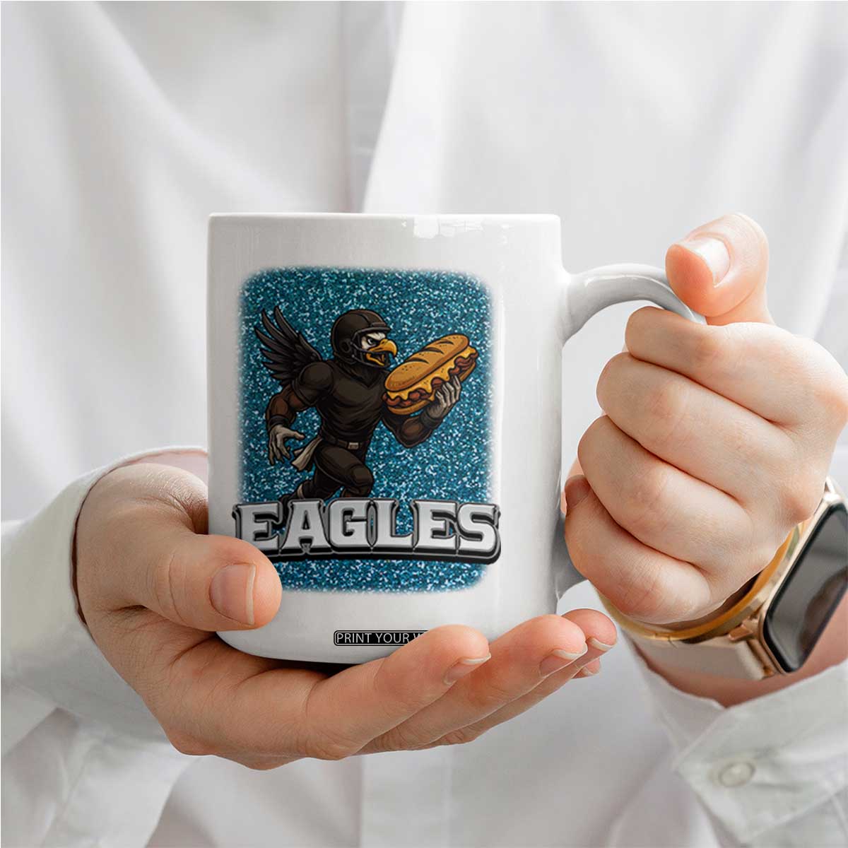 Funny Eagle With Cheesesteak Coffee Mug Football Glitter Print TS12 Print Your Wear