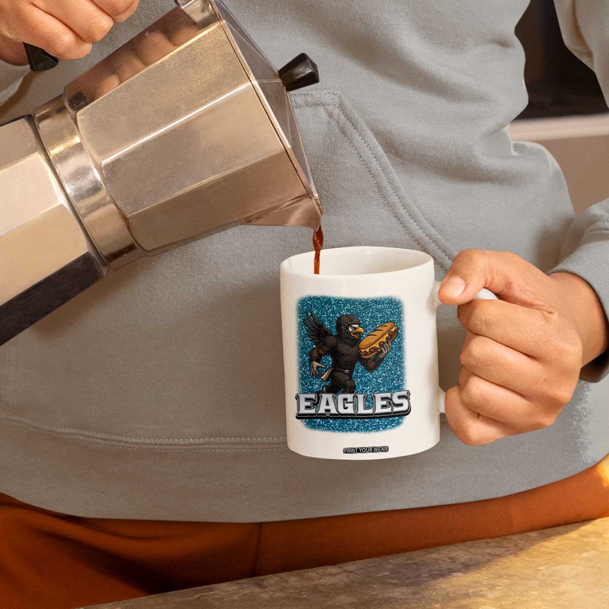Funny Eagle With Cheesesteak Coffee Mug Football Glitter Print TS12 Print Your Wear