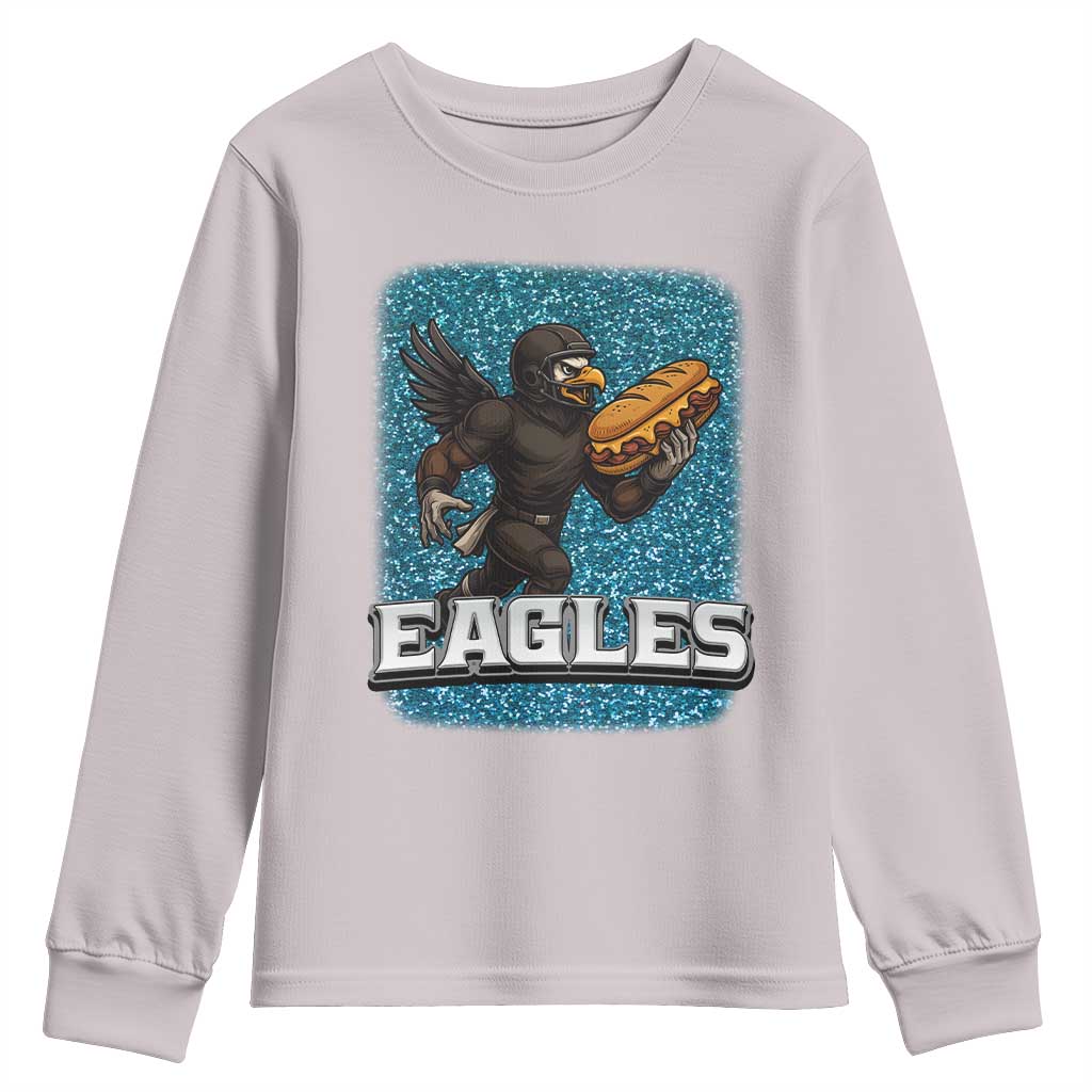 Funny Eagle With Cheesesteak Youth Sweatshirt Football Glitter Print TS12 Ice Gray Print Your Wear