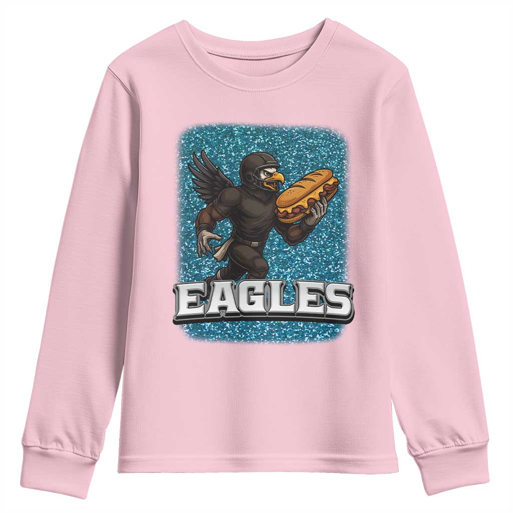 Funny Eagle With Cheesesteak Youth Sweatshirt Football Glitter Print TS12 Light Pink Print Your Wear