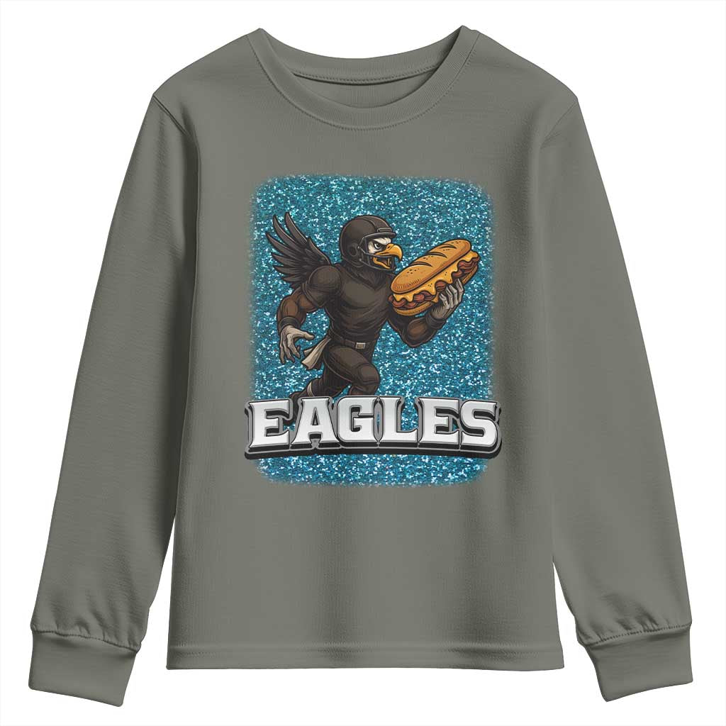 Funny Eagle With Cheesesteak Youth Sweatshirt Football Glitter Print TS12 Military Green Print Your Wear