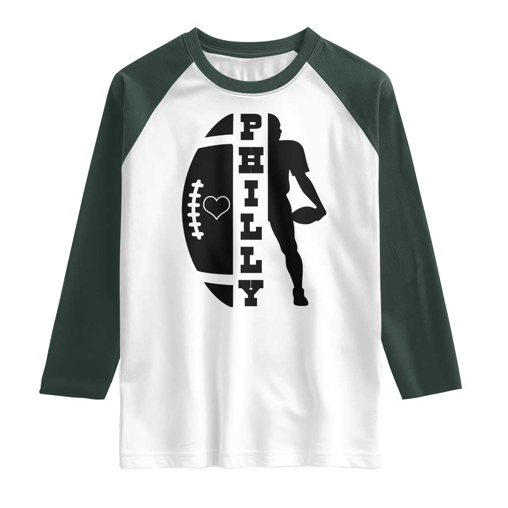 Philly Football Spirit Raglan Shirt Proud Fan Humor Gift TS12 White Dark Forest Green Print Your Wear