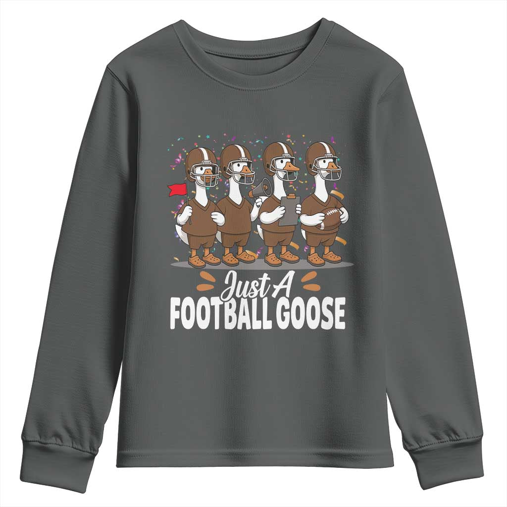 Just A Football Goose Youth Sweatshirt Animal Sports Fan Gift TS12 Dark Heather Print Your Wear