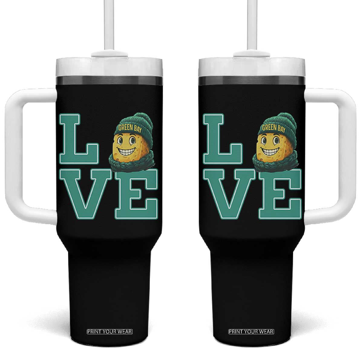 Green Bay Cheesehead Tumbler With Handle Football Fan Supporter Gift Idea TS12 One Size: 40 oz Black Print Your Wear