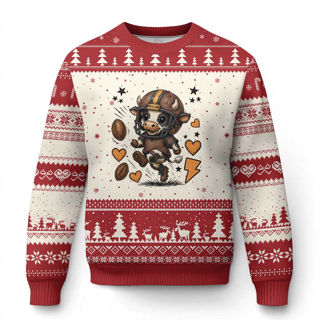 Football Lover Ugly Christmas Sweater Cute Dairy Cow Playing Football TS12 Beige Red Print Your Wear