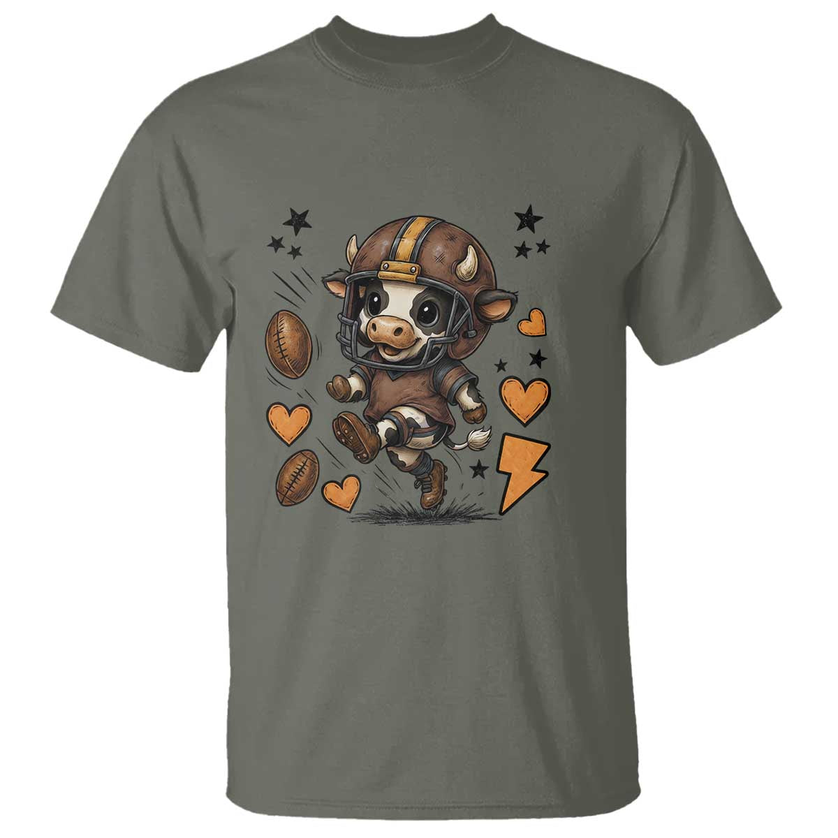 Football Lover T Shirt Cute Dairy Cow Playing Football TS12 Military Green Print Your Wear