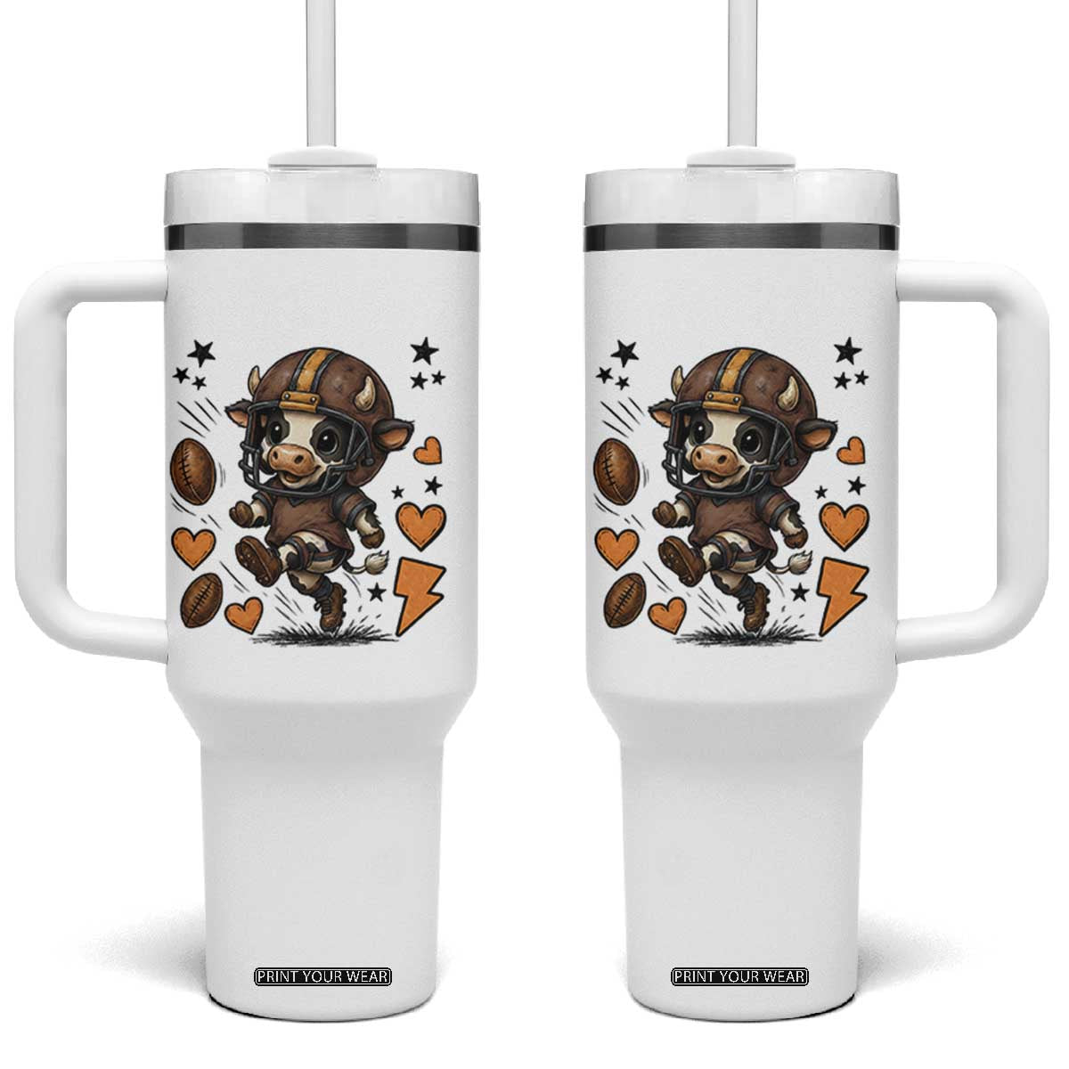 Football Lover Tumbler With Handle Cute Dairy Cow Playing Football TS12 One Size: 40 oz White Print Your Wear