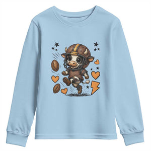 Football Lover Youth Sweatshirt Cute Dairy Cow Playing Football TS12 Light Blue Print Your Wear