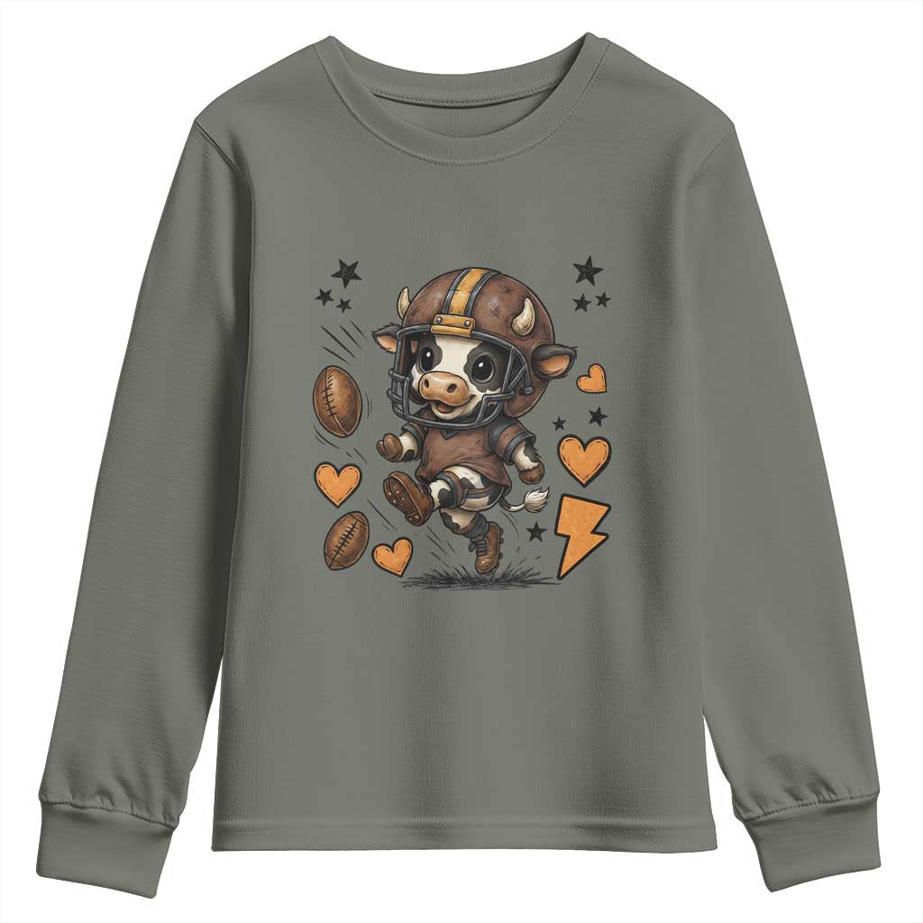 Football Lover Youth Sweatshirt Cute Dairy Cow Playing Football TS12 Military Green Print Your Wear