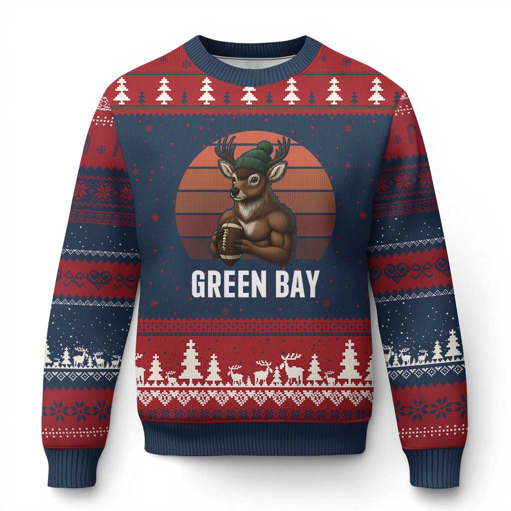 Deer Green Bay Football Ugly Christmas Sweater Retro Vintage Style TS12 Navy Red Print Your Wear