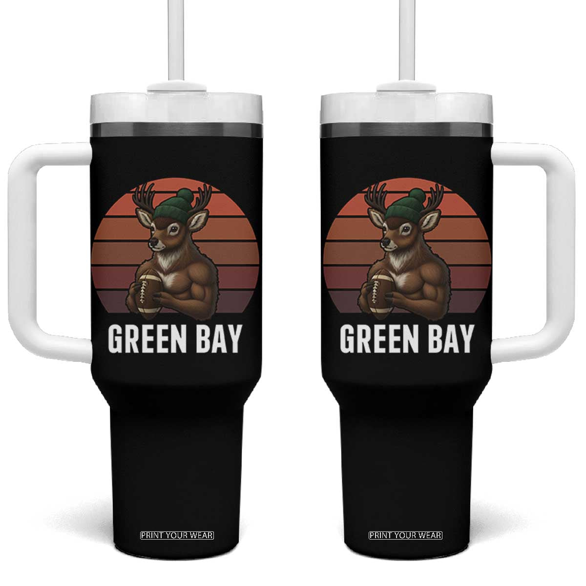 Deer Green Bay Football Tumbler With Handle Retro Vintage Style TS12 One Size: 40 oz Black Print Your Wear