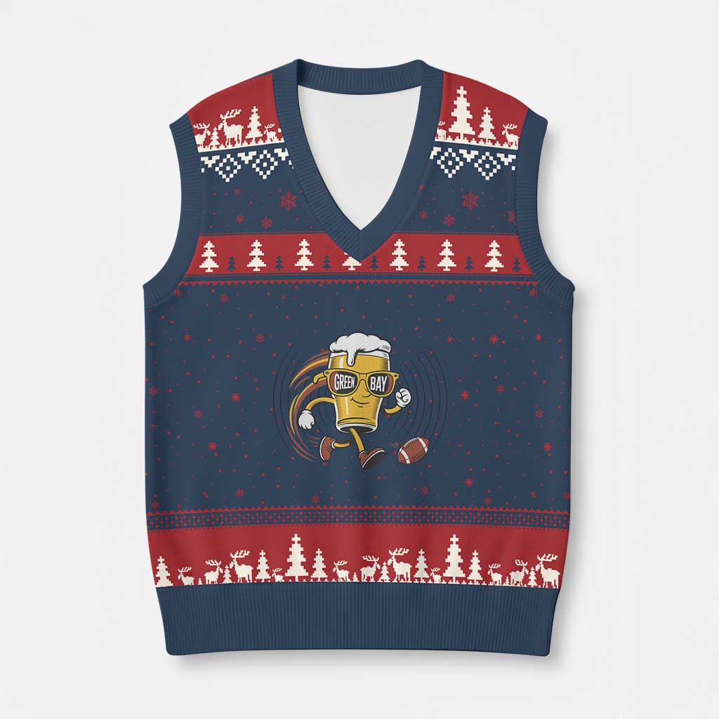 Funny Beer Mug Playing Football V-Neck Knit Sweater Vest Team Supporter Green Bay Gift TS12 Navy Red Print Your Wear