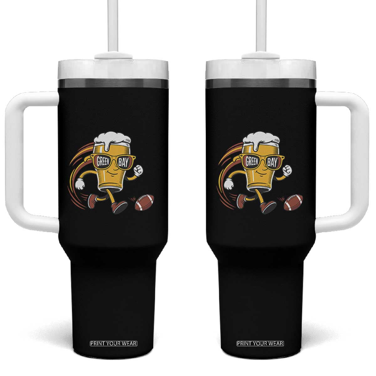 Funny Beer Mug Playing Football Tumbler With Handle Team Supporter Green Bay Gift TS12 One Size: 40 oz Black Print Your Wear