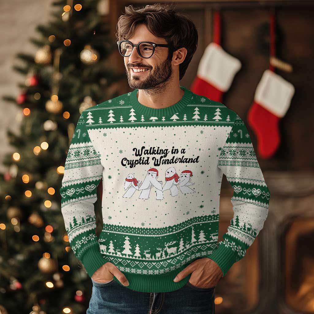 Funny Fresno Nightcrawlers Xmas Gift Ugly Christmas Sweater Walking In A Cryptid Wonderland TS12 Beige Green Print Your Wear