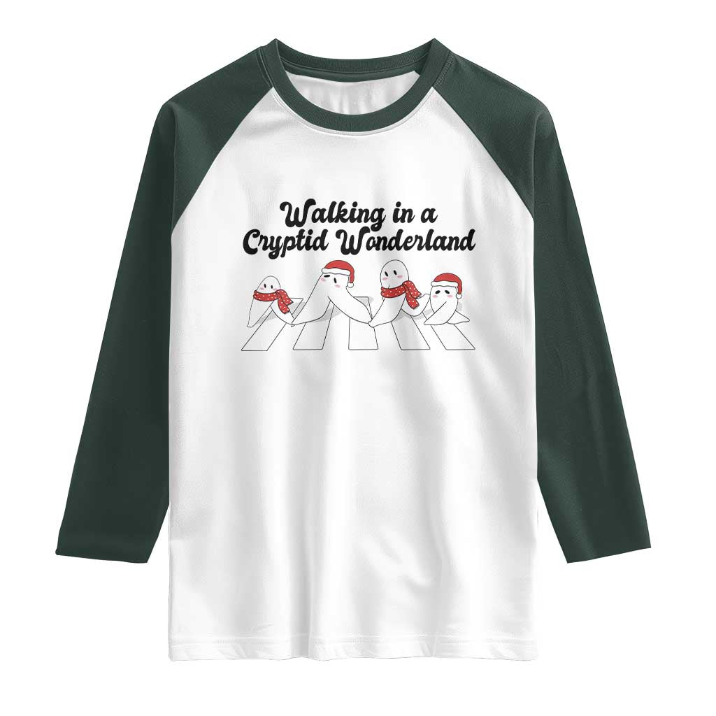 Funny Fresno Nightcrawlers Christmas Gift Raglan Shirt Walking In A Cryptid Wonderland TS12 White Dark Forest Green Print Your Wear