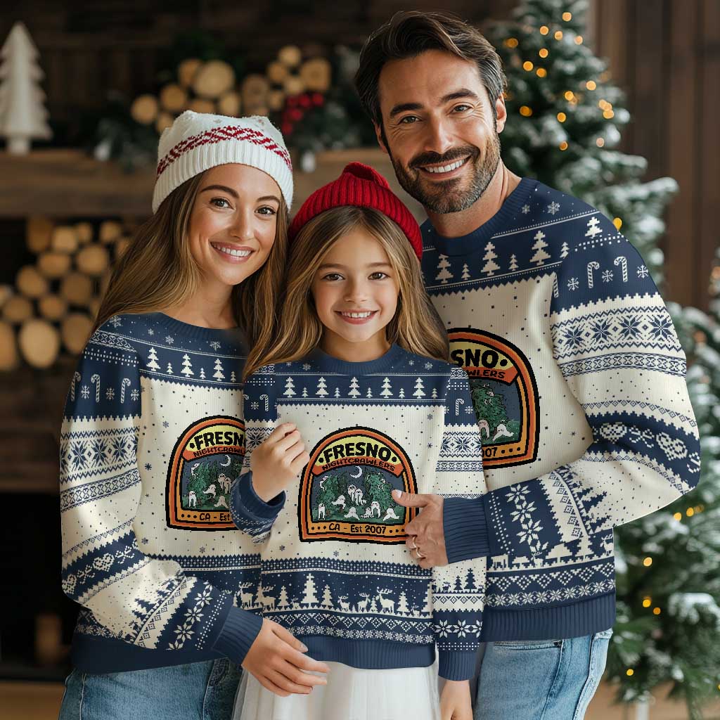 Fresno Nightcrawlers Folklore Gift Ugly Christmas Sweater Home Of California Cryptids TS12 Beige Navy Print Your Wear