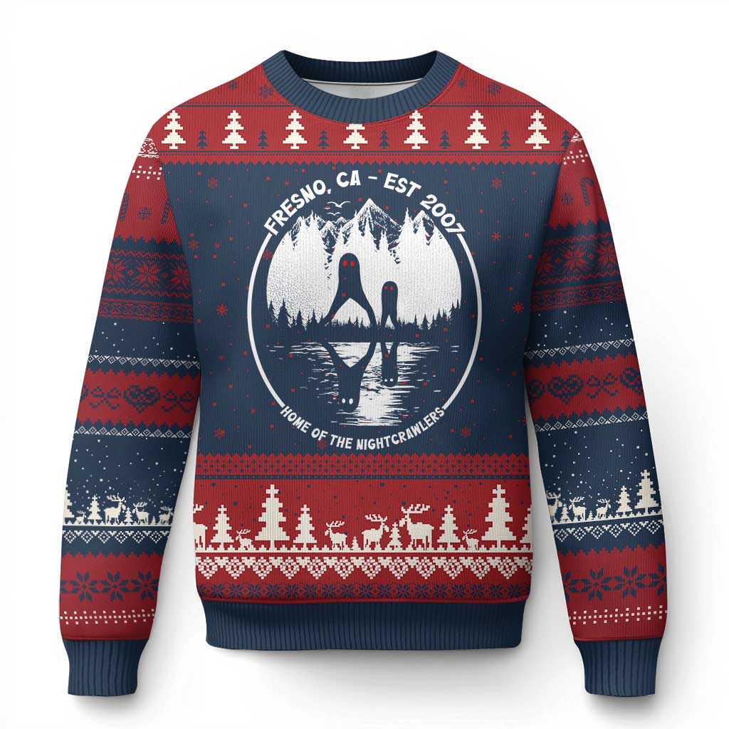 Home Of The Fresno Nightcrawlers Ugly Christmas Sweater California Cryptid Hunter TS12 Navy Red Print Your Wear