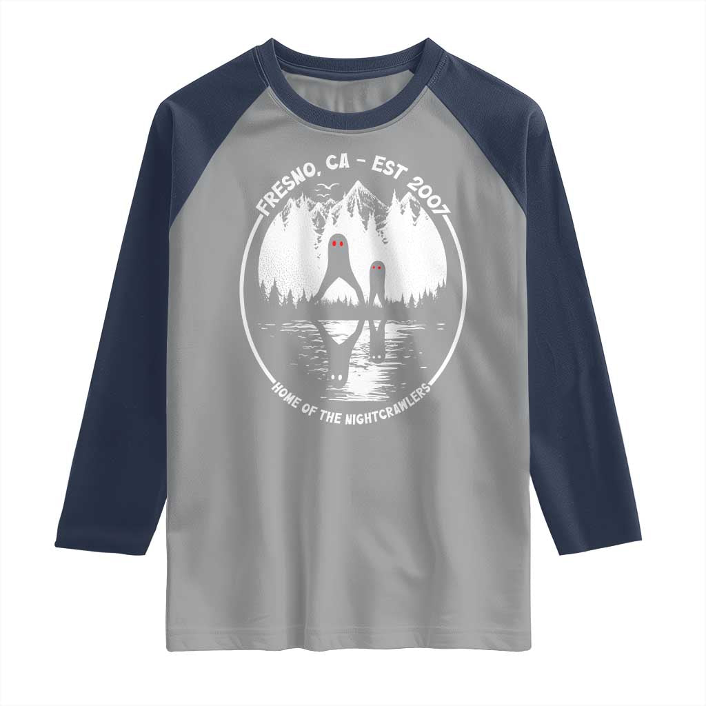 Home Of The Fresno Nightcrawlers Raglan Shirt California Cryptid Hunter TS12 Sport Gray Navy Print Your Wear
