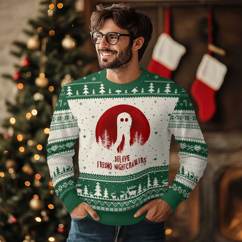 Believe In Fresno Nightcrawlers Ugly Christmas Sweater California Cryptid Hunter Gift TS12 Beige Green Print Your Wear