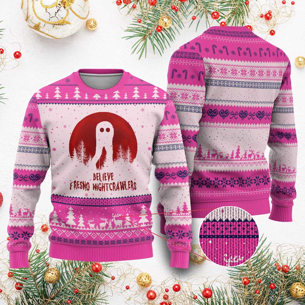 Believe In Fresno Nightcrawlers Ugly Christmas Sweater California Cryptid Hunter Gift TS12 Hot Pink Print Your Wear