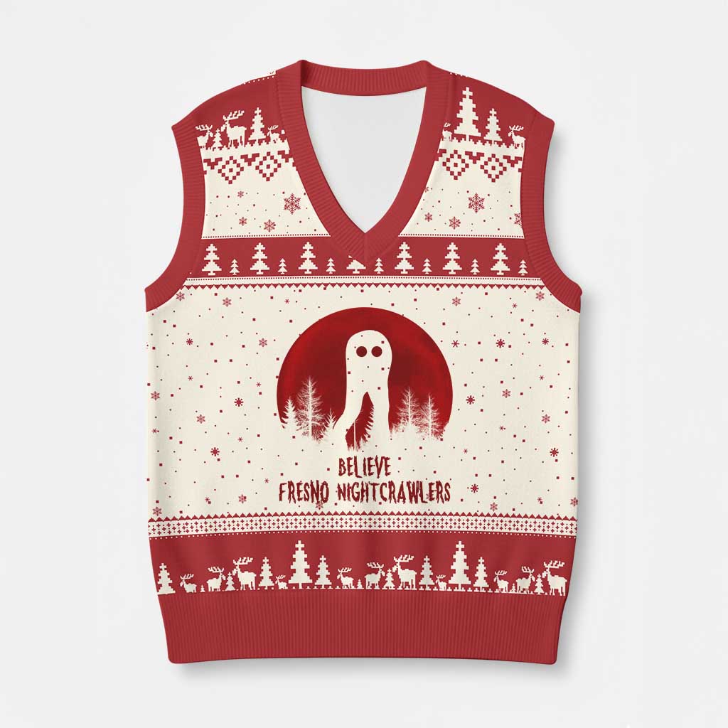 Believe In Fresno Nightcrawlers V-Neck Knit Sweater Vest California Cryptid Hunter Gift TS12 Beige Red Print Your Wear