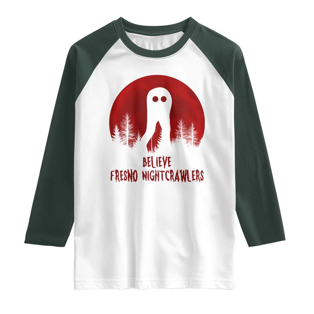 Believe In Fresno Nightcrawlers Raglan Shirt California Cryptid Hunter Gift TS12 White Dark Forest Green Print Your Wear