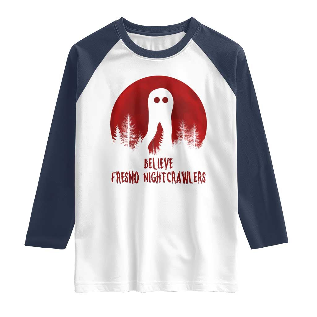 Believe In Fresno Nightcrawlers Raglan Shirt California Cryptid Hunter Gift TS12 White Navy Print Your Wear