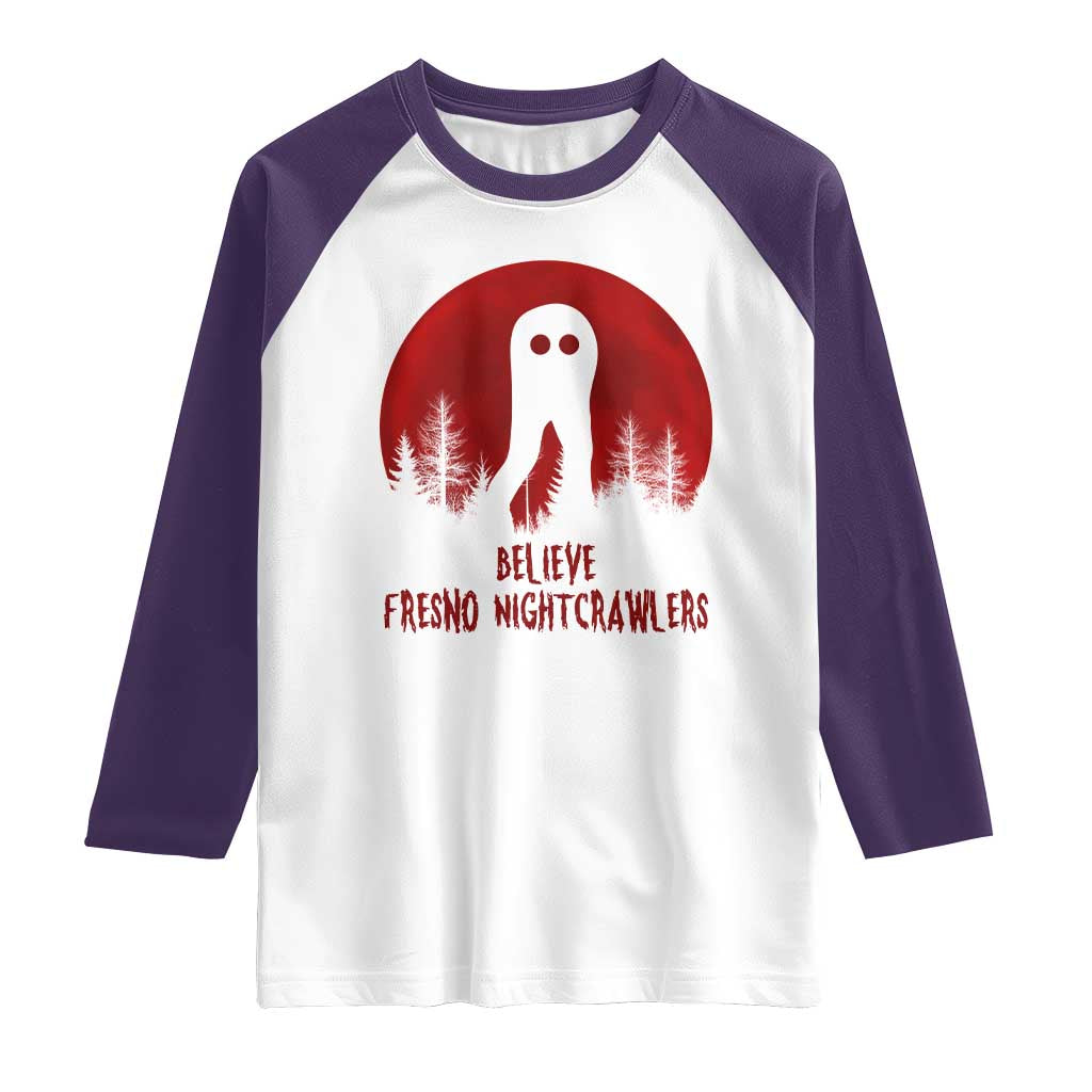 Believe In Fresno Nightcrawlers Raglan Shirt California Cryptid Hunter Gift TS12 White Purple Print Your Wear