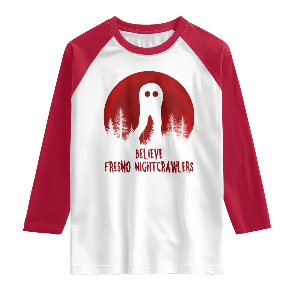 Believe In Fresno Nightcrawlers Raglan Shirt California Cryptid Hunter Gift TS12 White Red Print Your Wear