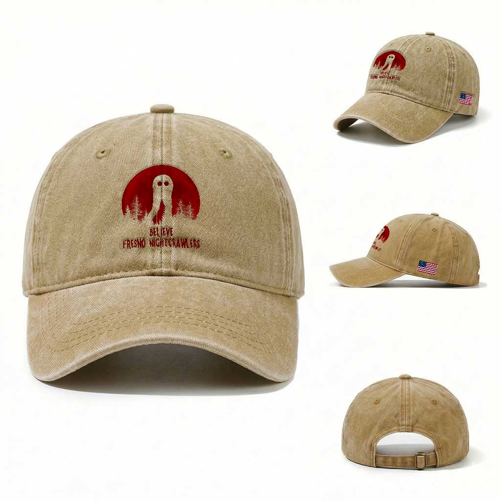 Believe In Fresno Nightcrawlers Washed Cotton Baseball Cap California Cryptid Hunter Gift TS12 Washed Cap Universal Fit Khaki Print Your Wear