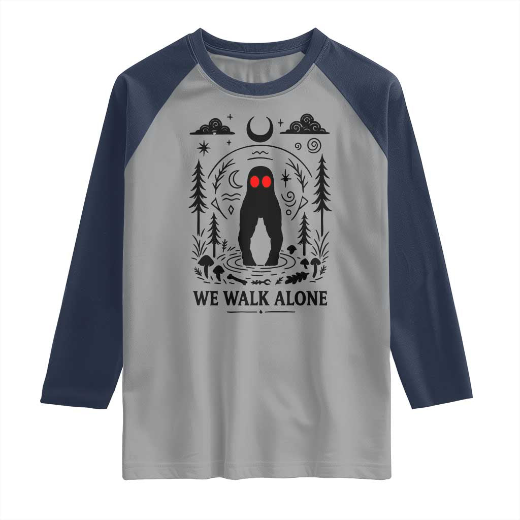 We Walk Alone Fresno Nightcrawler Raglan Shirt California Cryptid Hunter TS12 Sport Gray Navy Print Your Wear