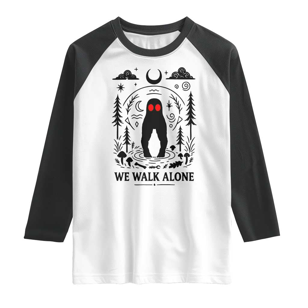 We Walk Alone Fresno Nightcrawler Raglan Shirt California Cryptid Hunter TS12 White Black Print Your Wear
